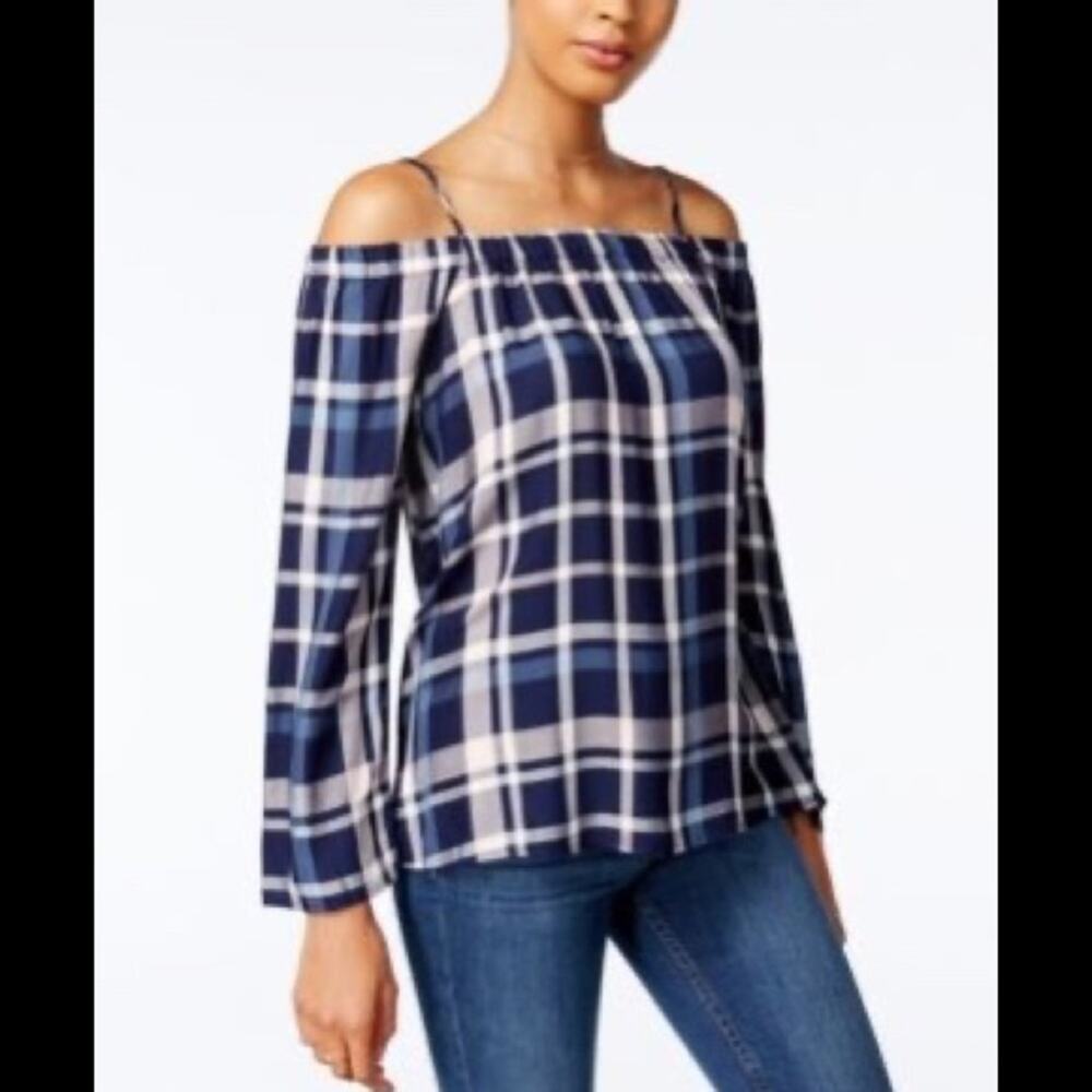 Maison Jules plaid off-the shoulders top